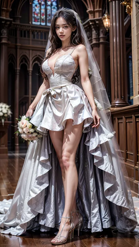 A beautiful young Japanese woman, 26 years old, with healthy thighs, beautiful legs, flawless skin, random hair color and style, large breasts, wearing a (wedding dress:1.3), (she is standing:1.2), full body shot, high heels, holding a bouquet in her hands...