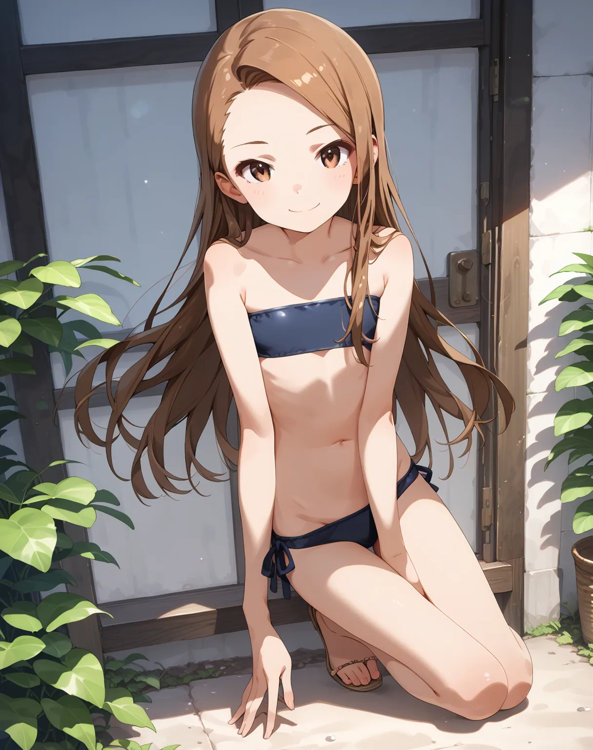 Munshior, small,full body,Long-haired, brown hair, amount, brown eyes, ,flat chest,smile,bandeau bikini,