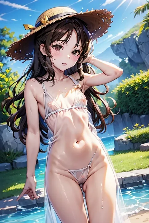 straw hat, tachibana arisu,flat chest,small ass, ,glossy brown hair, long hair,wet,
, white dress,  see-through,  Lush Scenery , The wind blows through,   strong sunshine ,  clear contrast , masterpiece, top quality, top quality