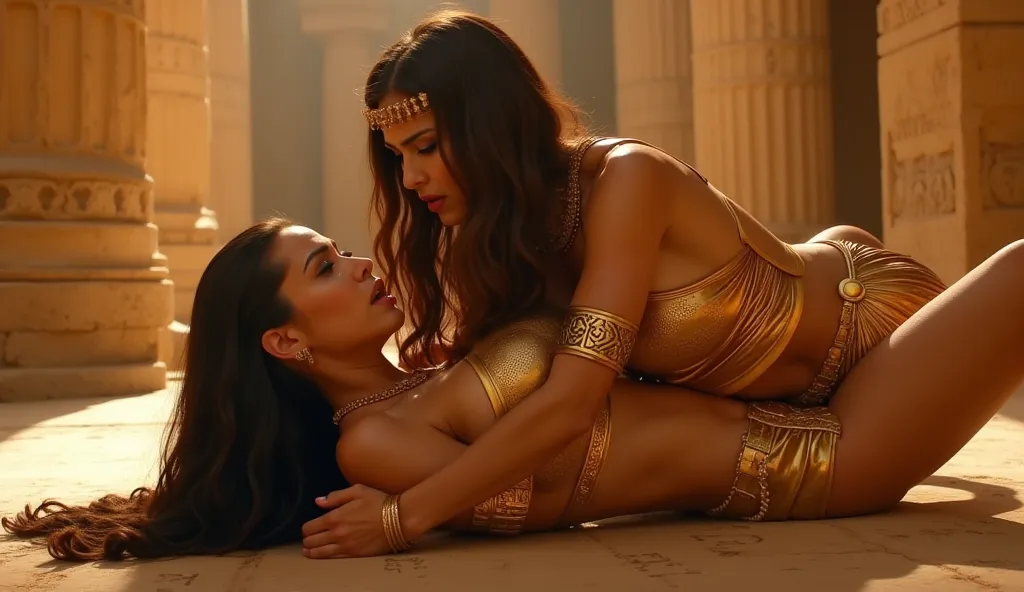 A stunning cinematic shot of Evie pinning Anck-Su-Namun to the ground inside an ancient Egyptian palace, mirroring the reference image’s posture.

Evie is on top, leaning over Anck-Su-Namun with a fierce, determined gaze. She wears her golden Egyptian warr...