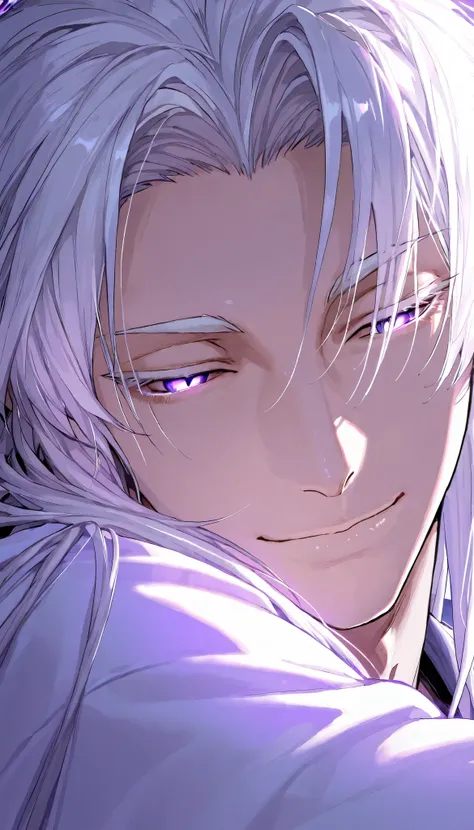 1 boy, fit, handsome, white hair, straight hair, long hair, middle part hair, thin eyebrows, white eyebrows, glowing purple eye, white eyelashes, cold eyes, light smile, bright skin, neon purple lighting, detailed, shading, face close up, full face, master...