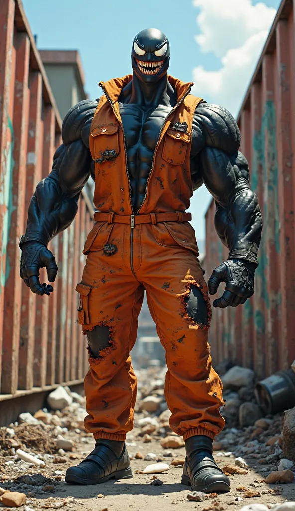 A powerful humanoid with black skin and a muscular, athletic, Venom-like build, dressed in a dirty orange dumpster jumpsuit, stands in a city junkyard. His huge white eyes have an expressive, surprised look, and his mouth is slightly open in a smile, revea...