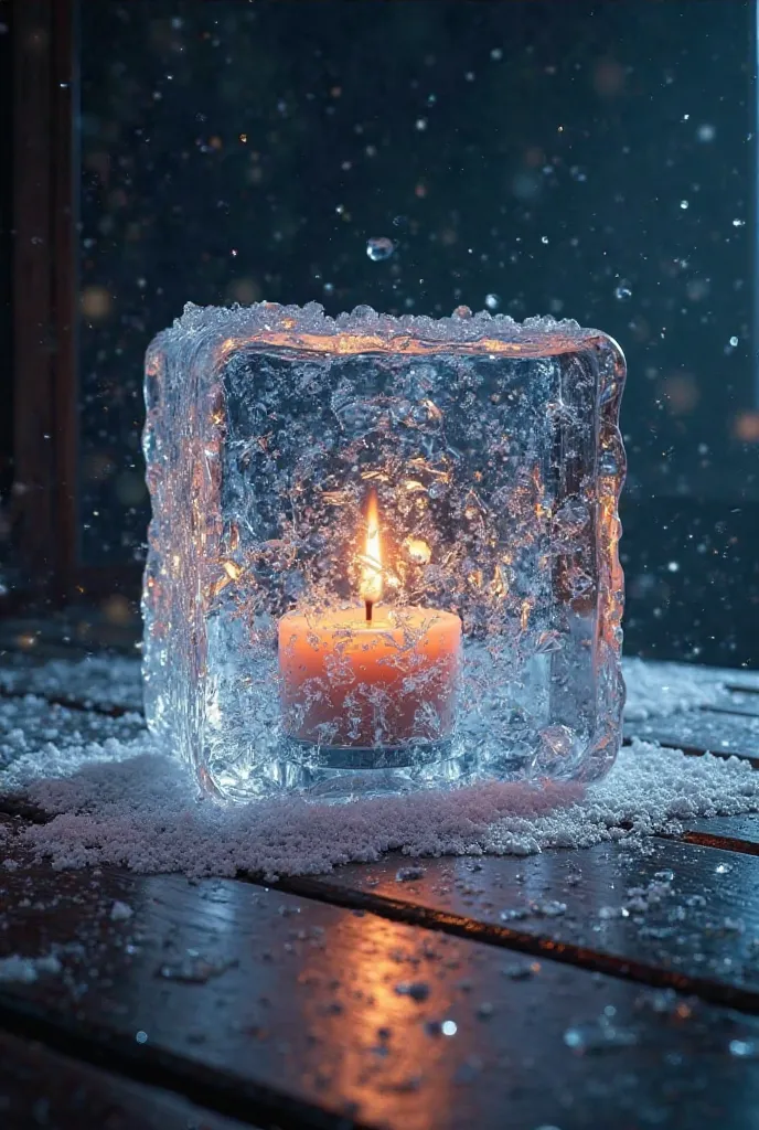 Image of an ice block with a burning candle inside, realistic, on a dimly lit table