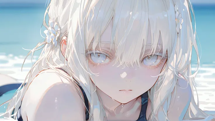 masterpiece , good quality , average quality , very detailed , very beautiful , absurd , blur background , depth of field , natural light , soft lighting , hair detail , sensitive , one girl , solo , staring at viewer , white hair , pale blue eyes , white ...