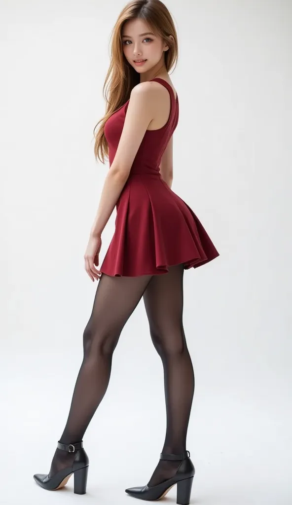 Slim thighs, long legs, full body: 1.5, (one girl: 1.3), (black pantyhose and thick pointed heels: 1.3), (wearing crimson mini flared skirt dress: 1.2), (wearing crimson mini flared skirt dress, formal: 1.2), super long blonde: 1.2, model pose, high waist:...