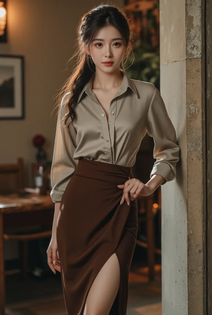 woman, Enchanting Smiles, Perfect feminine body line, charming atmosphere, long hair tied back, Sleek Fabric Shirt, Long pencil skirt to hide tight knees, Traditional girl