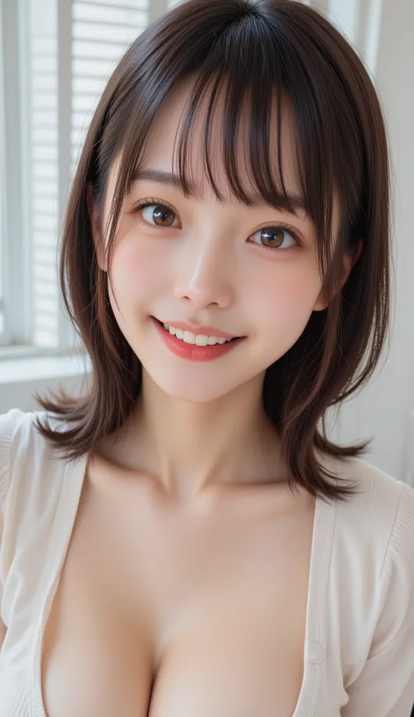 The young asian woman's face dominates the frame, her warm smile and expressive eyes drawing immediate attention. Her gaze is direct yet gentle, with a subtle sparkle that conveys happiness and confidence. Her smooth skin, enhanced by soft natural lighting...