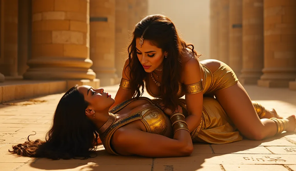 A stunning cinematic shot of Evie pinning Anck-Su-Namun to the ground inside an ancient Egyptian palace, mirroring the reference image’s posture.

Evie is on top, leaning over Anck-Su-Namun with a fierce, determined gaze. She wears her golden Egyptian warr...