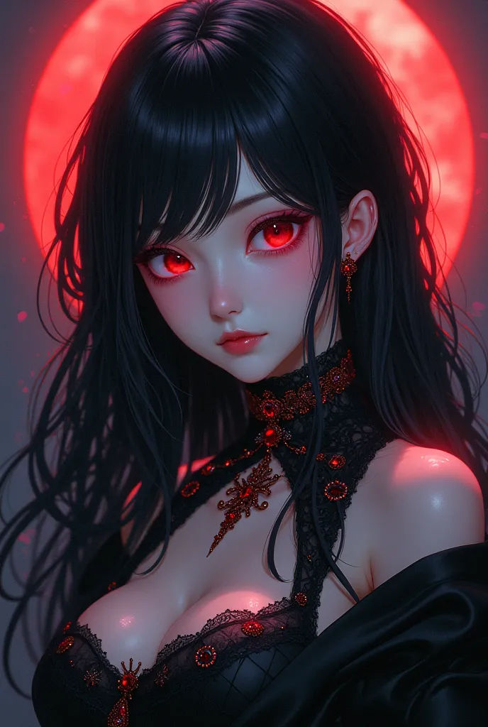 very powerful and beautiful female anime vampire with black hair and red eyes. Japanese anime 