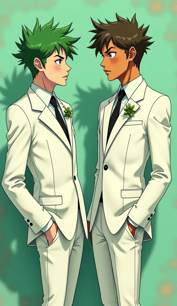 Two guys in white suits, the first one is green, the other is brown, it's anime.