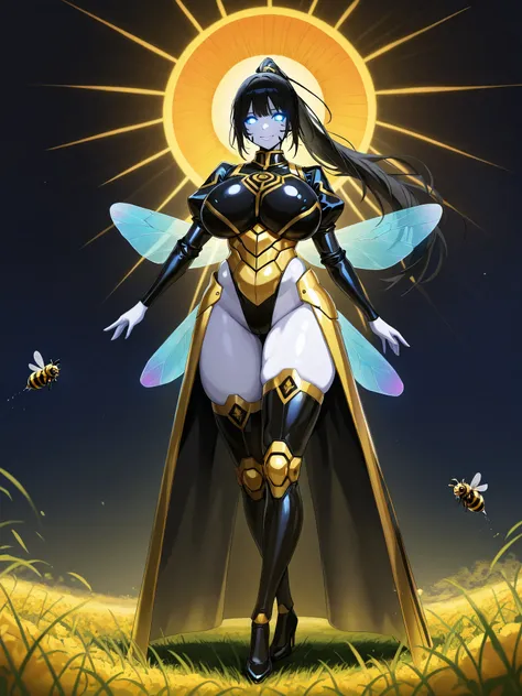 Bee, Robotic White Skinned Woman, Long Black Ponytail, Large Breasts, Voluptuous Build, wide hipped, Long Legs, Iridescent Blue Glowing eyes, wearing a Golden armored Bee Keeper uniform with Black accents, Gold thigh high high heels, standing, in a field o...