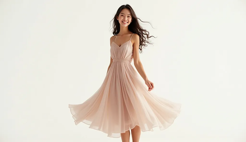 Happy Adult Girl Real Alive. On a white background, the body is covered in a dress