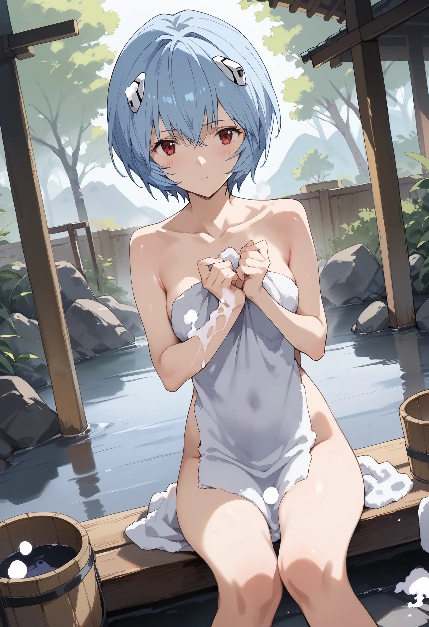 score_9, score_8_up, score_7_up, score_6_up, score_5_up, score_4_up,dutch angle,r31ayanam1, 1girl,red eyes,blue hair,short hair,completely nude,onsen,rock,warm,(soap censor,steam censor:1.3),wooden bucket,(Washing body with towel),