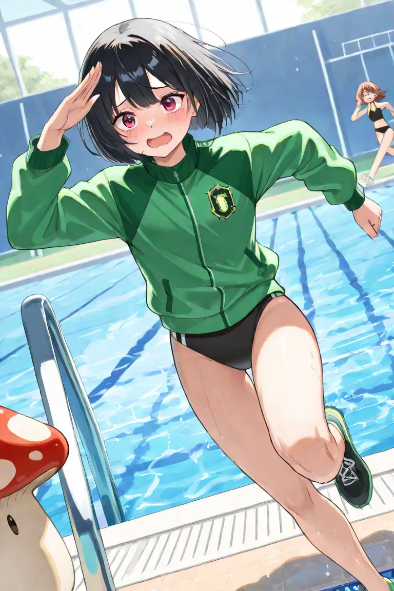 Black hair mushroom hair,green jersey jacket,Always wear a jersey jacket, shy laugh,Athlete Body Shape,black bikinis at the pool,running,Sakamichi Dash,Showa era Japanese townscape,Detailed depiction of bikinis,Knees are raised high