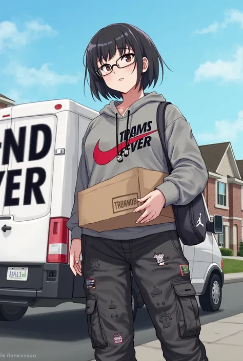 Image is a digital illustration featuring a female anime-style character standing in front of a delivery van. The character has short, black hair and wears glasses, with a fair skin tone. They are dressed in a gray hoodie with the word 'TREND Fever ' in bo...