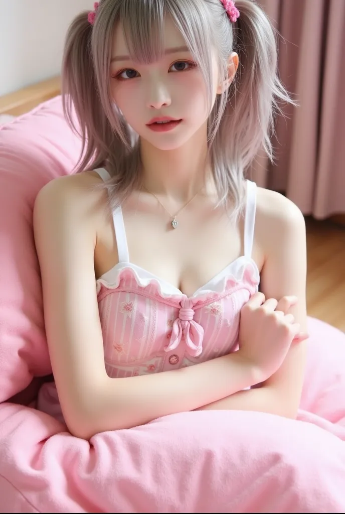 cute room　　pink bed　Japanese young JK　twin tail hair,silver hair in two beds,healthy skin,Rounded outline,gentle eyebrows ,round eyes,sagitales,small breasts　Dive into the futon 　Show only your face and hands　white tank top