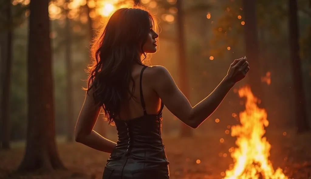 Very sexy woman dancing around a campfire lets herself see her silhouette, young woman,beautiful face,Long dark hair, Sexy posture,soft movements,soft leather, short, tight dress ,Detailed detail,4k,ultra HD,realistic photo,warm lighting,sunset,forest,humo...