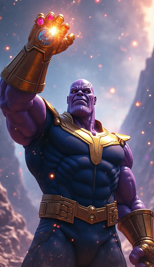 Thanos raises the Infinity Gauntlet, jewels shining brightly