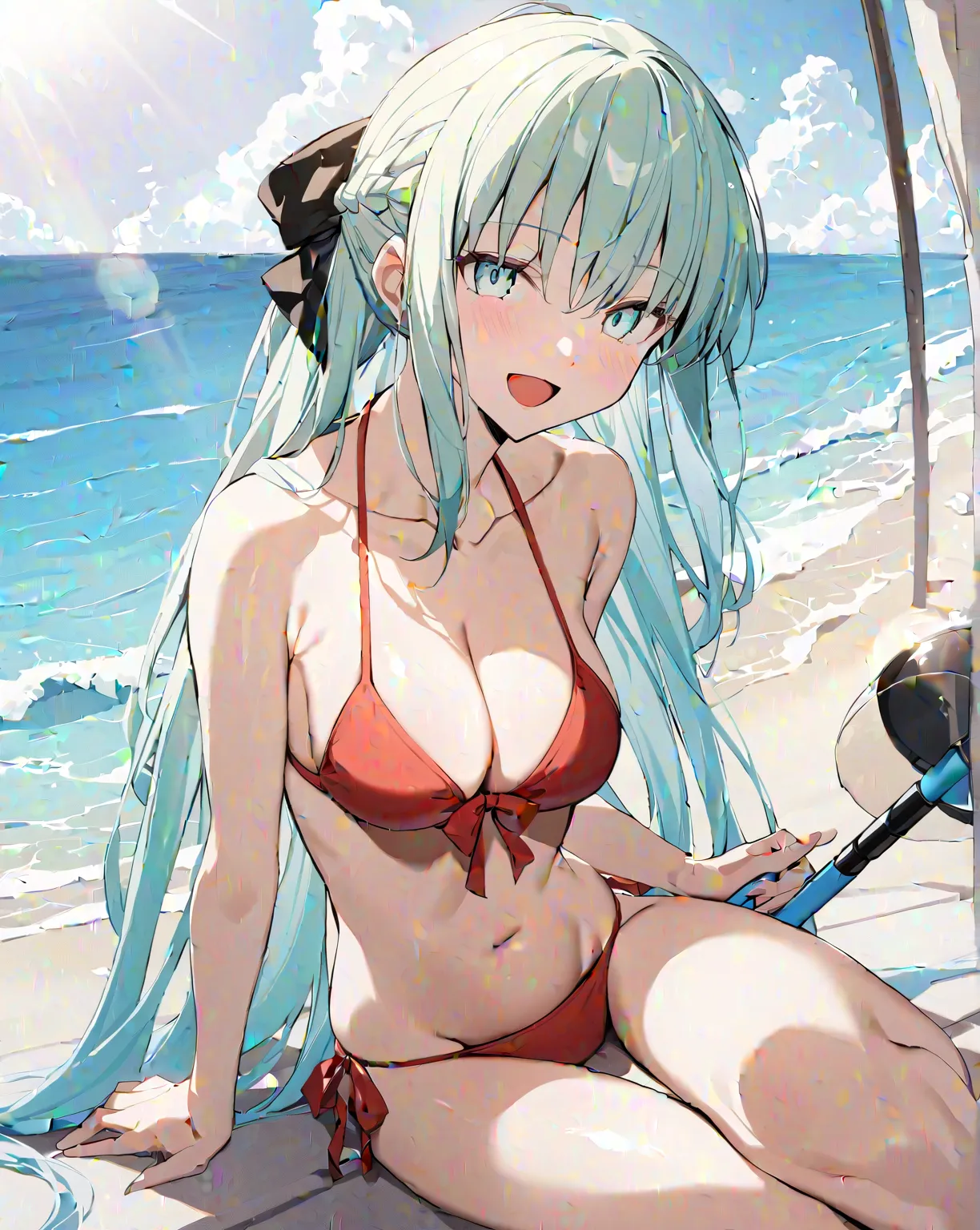 masterpiece,  top quality ï ¼ 1 girl, swimsuit, chest, bikini, Alone, length_hair, red_bikini,  lots of light blue  _eye, , null, outdoor, big_chest, belly button, smile, chest元, sitting, day, on fe_in_viewer, green_null, open_mouth, side ties_bikini_end, ...