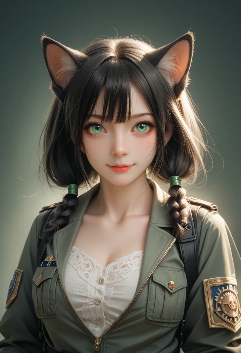 Realistic. A very short woman, a furry warrior mage, an epic green light mage, almost a beast, with cute cat ears and delicate kitten whiskers replacing her human features. Her black hair has bright green tips and is styled in two long pigtails. Green eyes...