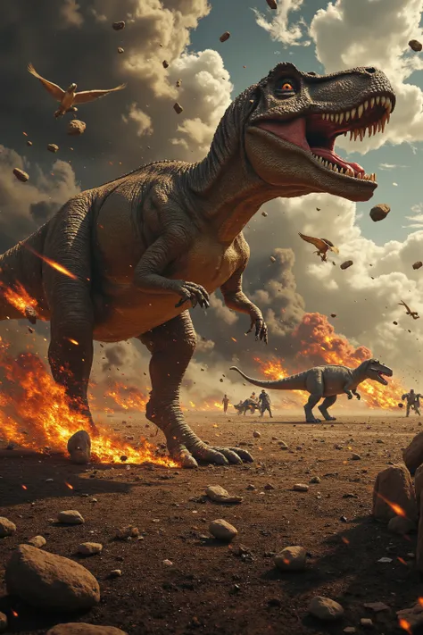 A chaotic and intense scene of dinosaurs stampeding as a meteor shower rains fiery destruction from the sky. A T-Rex roars defiantly amidst the chaos, while panicked herbivores like stegosaurus and iguanodons race across a scorched plain. Pterodactyls scre...