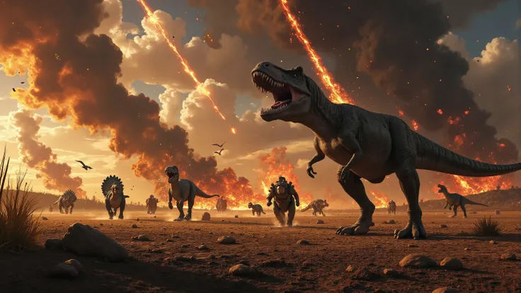 A chaotic and intense scene of dinosaurs stampeding as a meteor shower rains fiery destruction from the sky. A T-Rex roars defiantly amidst the chaos, while panicked herbivores like stegosaurus and iguanodons race across a scorched plain. Pterodactyls scre...