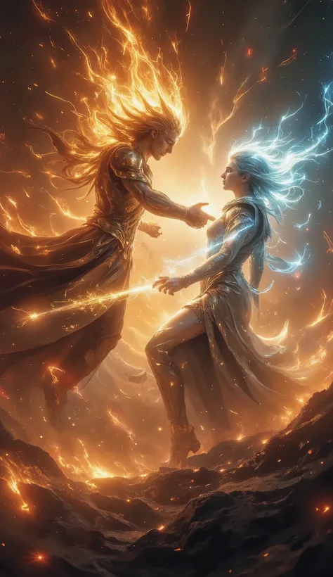 An ancient celestial battle frozen in time—two divine beings, one of light and one of darkness, locked in an eternal struggle at the heart of a dying star. Their clash has caused a solar eclipse, their silhouettes carved into the swirling firestorm, their ...