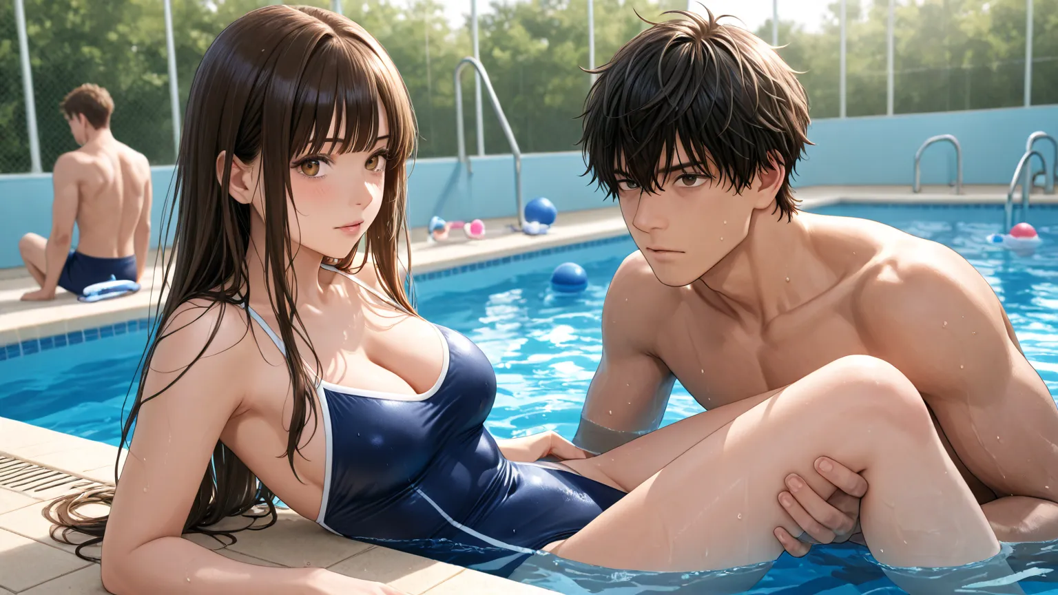 An 18-year-old boy and girl in high school are swimming in the pool、Pool flowing with floats、The woman is wearing a swimsuit、cleavage can you see、Boys have darker hair、the focus is on and details are also drawn