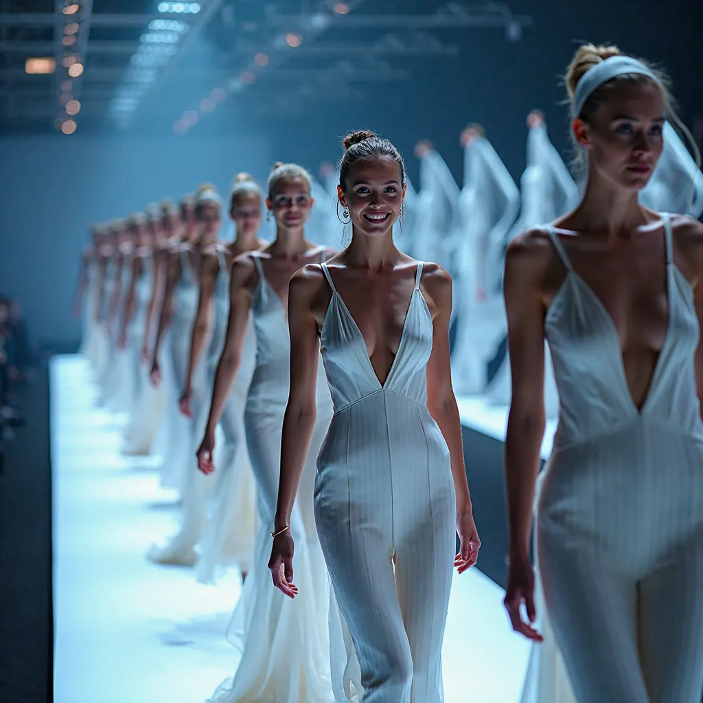 Madrid 2030 fashion week in Spain, Under a background of a futuristic fashion runway with lighting in keeping with the event, and lights that follow the models' faces at all times, captures a close-up image of several models with a beautiful and smiling fa...