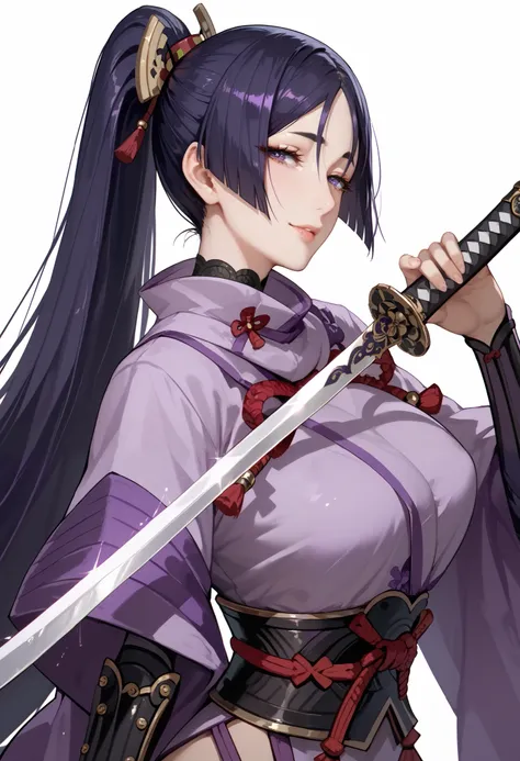 Sexy raikou,purple samurai , purple bodysuit, sword, holding sword, nodachi, long katana, seducing face, giant ponytail