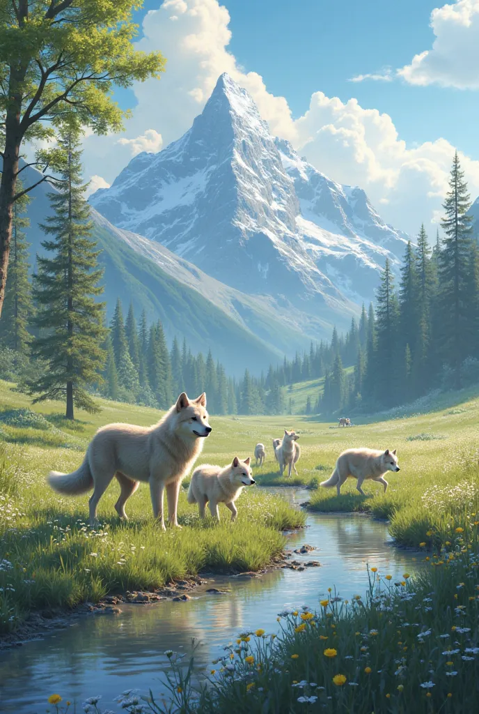 a background with baby wolves, and their herd in a landscape where you can appreciate nature