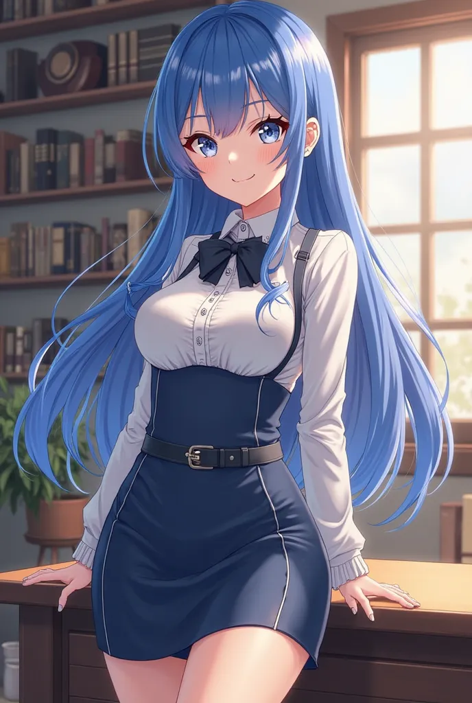 Blue hair. 가슴 윗선 hair. hair. girl. 2D Anime. 일본 girl. 걸작. High picture quality. amazing quality. voluptuous boobs. h fit skirt. Office look.  amazing body .  mature appearance. A gentle smile. medieval background. amazing boobs . nipples. 