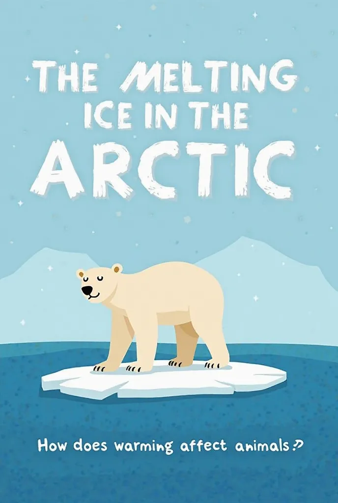 	 • Title : ? “The melting of ice in the Arctic”
 • Subtitle: “How does warming affect animals??”
 • Central image: A polar bear on a small piece of floating ice, representing the problem of habitat loss.
	• Fund: Blue and white tones that evoke the icy en...