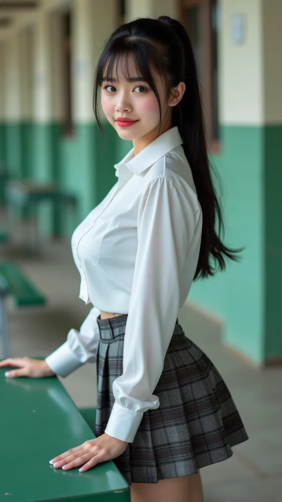 Real photos High-quality Realistic of thai woman, Beautiful girl (((large breast , big breast , nsfw))) , Best Quality, 20 years old thai girl in a school uniform astanding near a green metal table,  She is wearing a white shirt(((large breast , big breast...