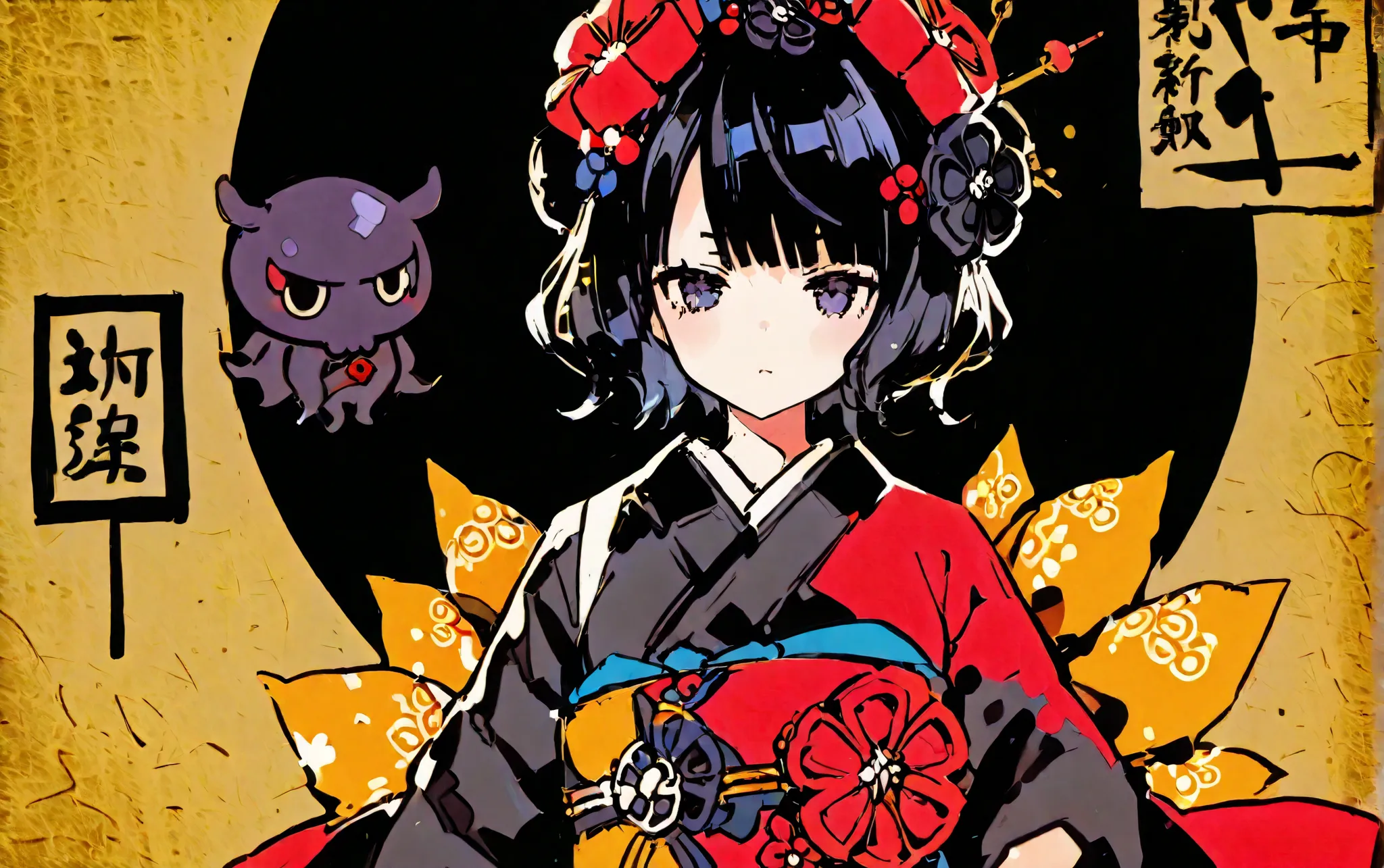 1girl, breasts, looking at viewer, short hair, bangs, black hair, hair ornament, closed mouth, upper body, flower, japanese clothes, hair flower, kimono, sash, parody, obi, hairpin, black kimono, fine art parody, katsushika hokusai \(fate\), tokitarou \(fa...