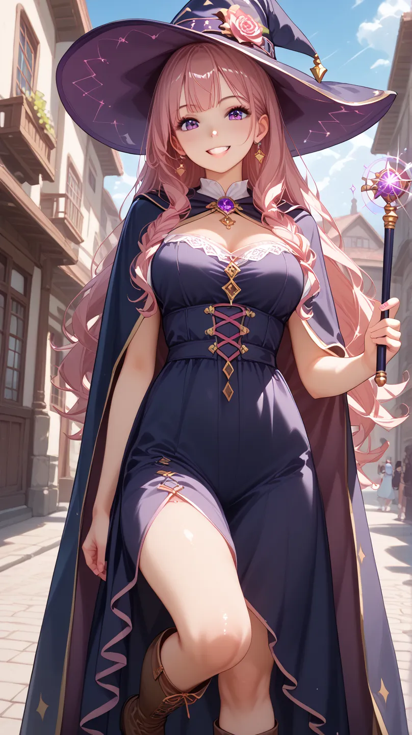 Alone、1 girl、masterpiece、top quality、Wizard、anime touch、smile、medieval city、pink long hair、purple eyes、medium breasts、 Witch Hat、Witch&#39;s Clothes、Witch's Cloak、brown boots、magic wand