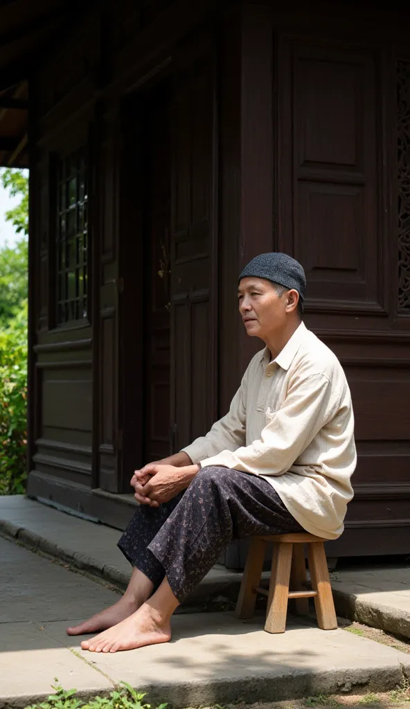 An elderly Indonesian man sits contemplatively on a small wooden stool outside his traditional wooden home.


The photograph showcases an elderly man of Asian descent, likely Indonesian, sitting on a simple, low wooden stool. He is positioned just outside ...