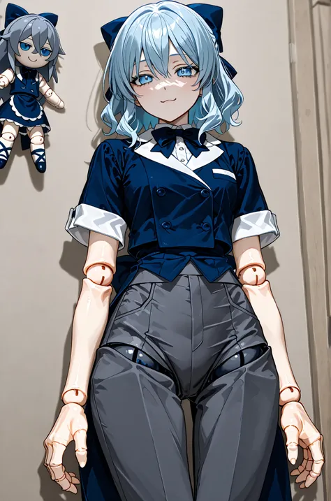girl doll, Blue waiter clothes with bow tie, Dark grey pants, short light blue hair, 1 girl, (one) , doll joints, hips,(kind face), doll joints того же цвета что и одежда.