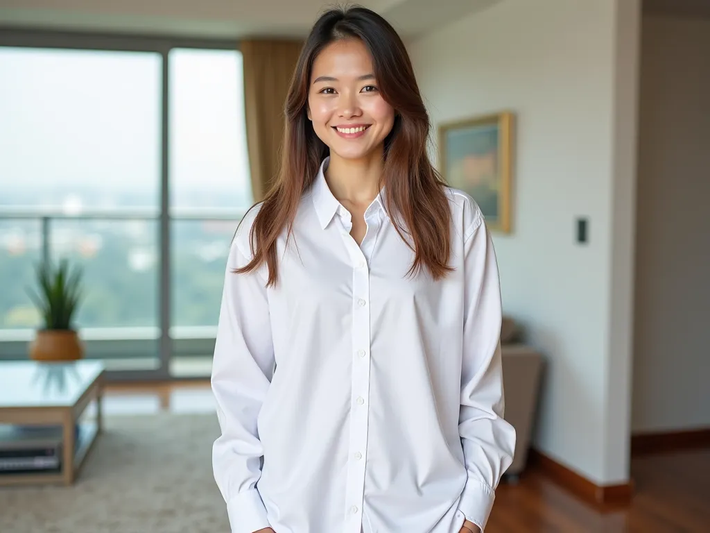 Full body image - Beautiful Thai student, 18 years old, beautiful slender face, White skin, Straight hair,  long hair, Brown Hair, Beautiful Shape , Show off long legs, Wearing Oversize Long Sleeve White Men's Shirt - No Pants -Standing- in her living room...