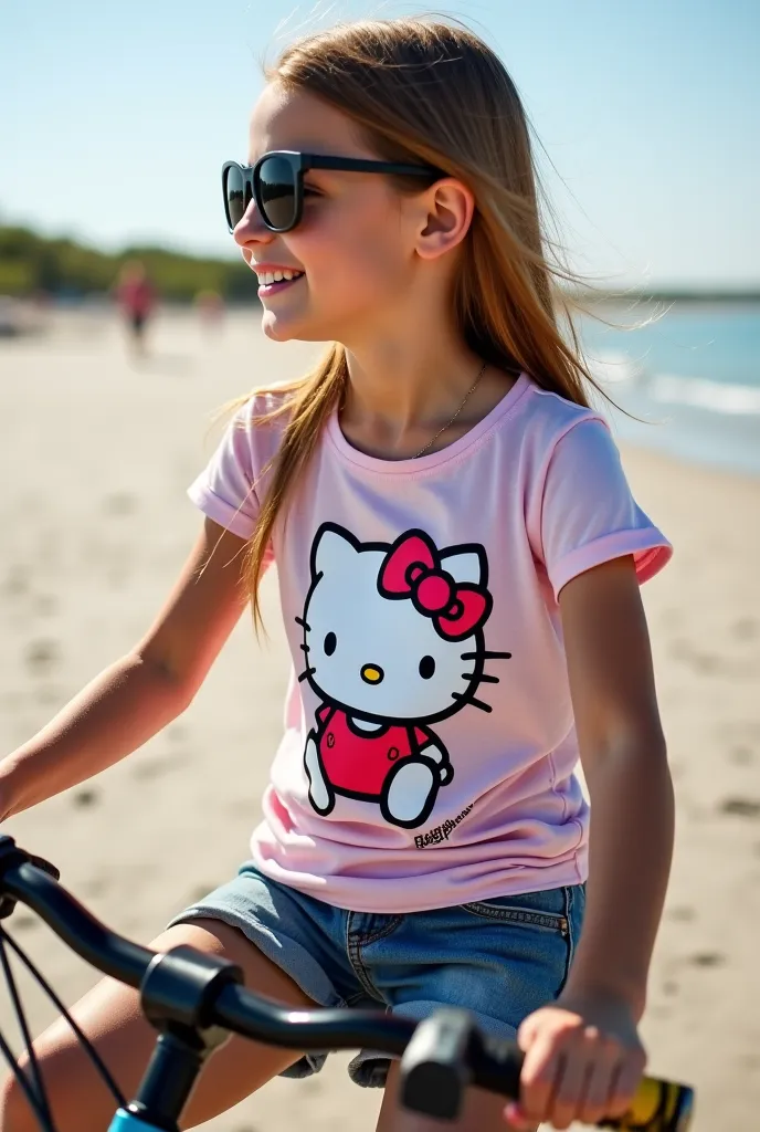 ,6yo  Russian  skinny school age innocent  girl  ride  on bike ,   wearing hello kitty fitted   small e shirt,  fitted tight denim shorts  ,  , tan, close up, , profile from above , in beach, tattoo,  , straight hair , sunglasses 