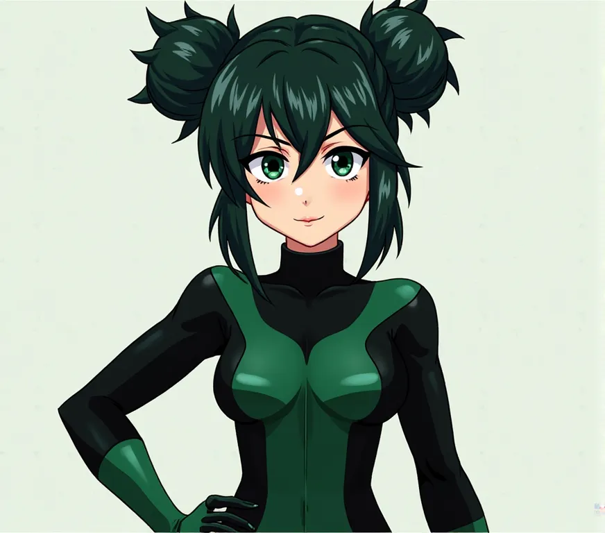 The character has dark green and black attire, featuring a sleek, form-fitting design. She wears a high-collared bodysuit with long sleeves, primarily dark green with black accents that create a sharp contrast. The outfit has a structured yet flexible look...