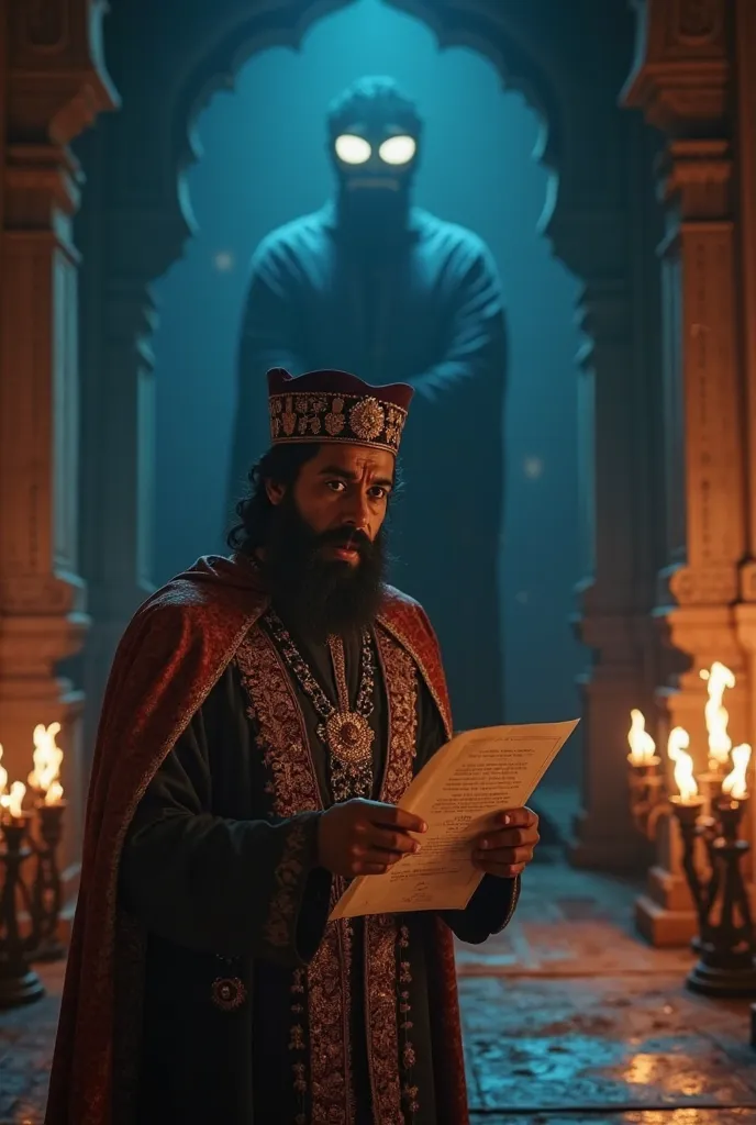 "A dark, mysterious Mughal palace at midnight, lit by torches. In the foreground, a shocked minister in royal attire holds an ancient letter with trembling hands. In the background, a shadowy, masked figure with intense glowing eyes, resembling Emperor Aur...