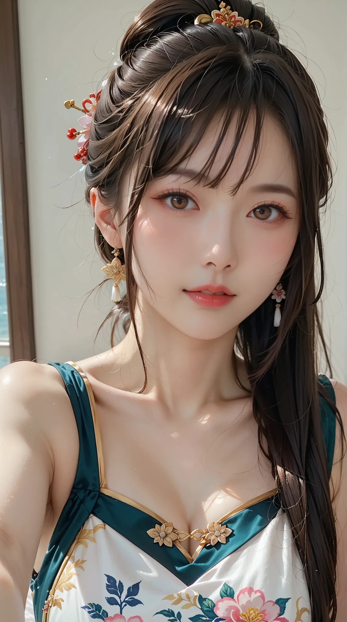 woman, color scheme,beautiful,Clear image,thin,brown eyes, long hair,Hair tie, Han Fu Dress ,นมใหญ่,หัวนมbeautiful,pink tits,Selfie,Front View