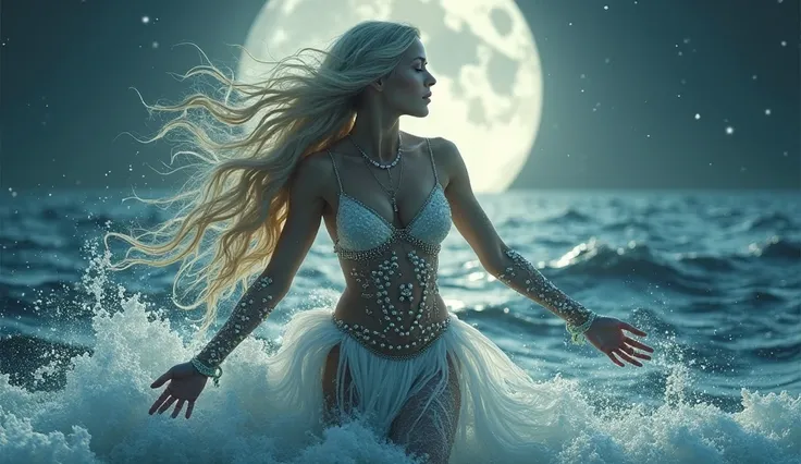 An incredibly beautiful and seductive sea goddess emerges from the water under the light of a full moon. Her skin glows like pearls, her long hair flows like the tides, and her mesmerizing eyes shine with mystical power. Dressed in a shimmering scale and p...