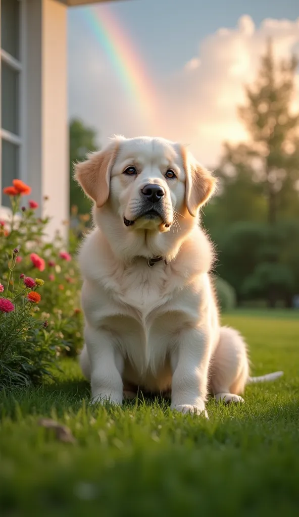 A small fluffy white fluffy Golden retriever dog that is fat, The front garden of the house is filled with fresh green grass,  and flowers , of open white windows
The camera from the front of the dog looks at the sky that is starting to clear, with the lig...