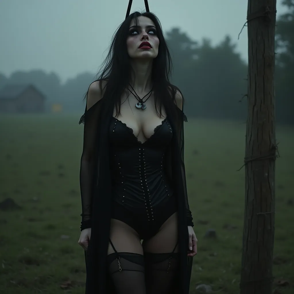 
a sexy neck hanged dark gothic witch woman, dark gothic makeup, medium long hair in dark gothic style, black nude pantyhose,sexy legs, with suffering strangled dead look neck hanged souspended on air on a gallow, with her head slightly tilted to the side ...