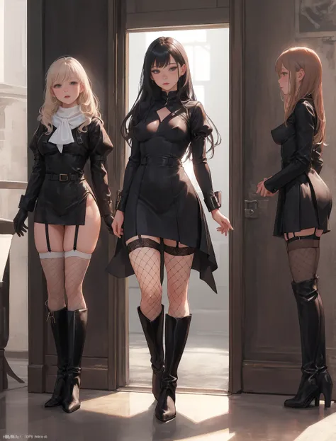 masterpiece, best quality, Good quality,(covered nipples:1.3),photorealistic, high definition, Soft light, female 1 person, (detailed faces),Small nose, black   dress,   Knee Length Long Boots  ,   dress, Feathered sleeves ,   feather trim  ,  gloves,  hig...