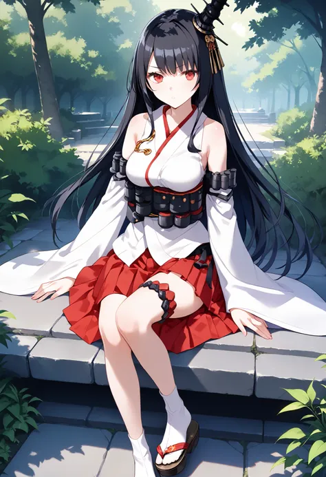 1 girl, Alone, walk, fusou-kc  , red eyes, long hair, black hair, hair ornament, headgear for brainwashing,   fusou-n-kc  ,  Japanese Clothes,  Non-traditional Shrine Maiden ,  Bare Shoulders,   fusou-sleeve  , detachable sleeve, loose sleeves that sit on ...