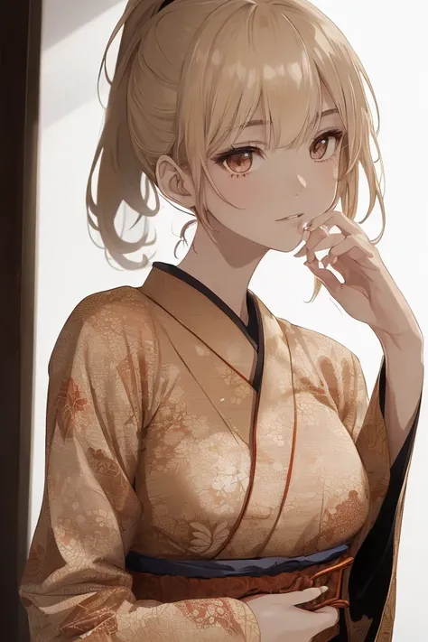 (ultra-realistic), (portrait), (mature woman, appears 30 years old), (red-themed furisode kimono, long flowing sleeves, intricate traditional patterns, traditional Japanese attire), (cool beauty), (light blonde hair, almost brown), (ponytail, long hair, re...