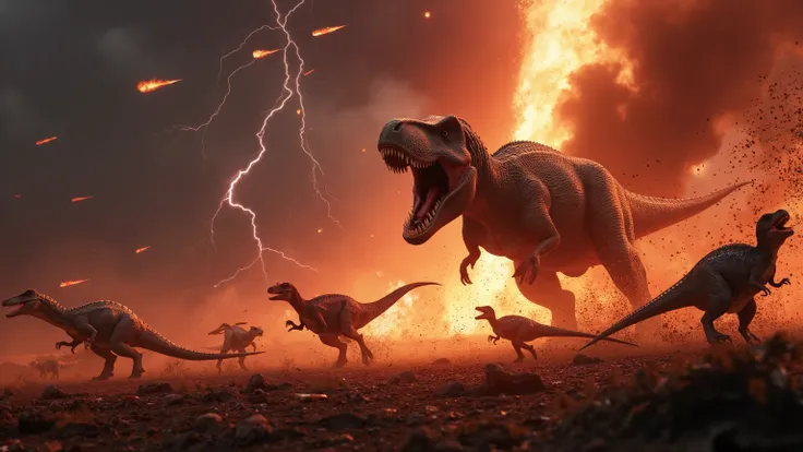 A chaotic and intense scene of dinosaurs stampeding as a meteor shower rains fiery destruction from the sky. A T-Rex roars defiantly amidst the chaos, while panicked herbivores like stegosaurus and iguanodons race across a scorched plain. Pterodactyls scre...